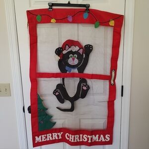 Santa Cat Hanging On Door Screen Christmas Flag Two-Sided